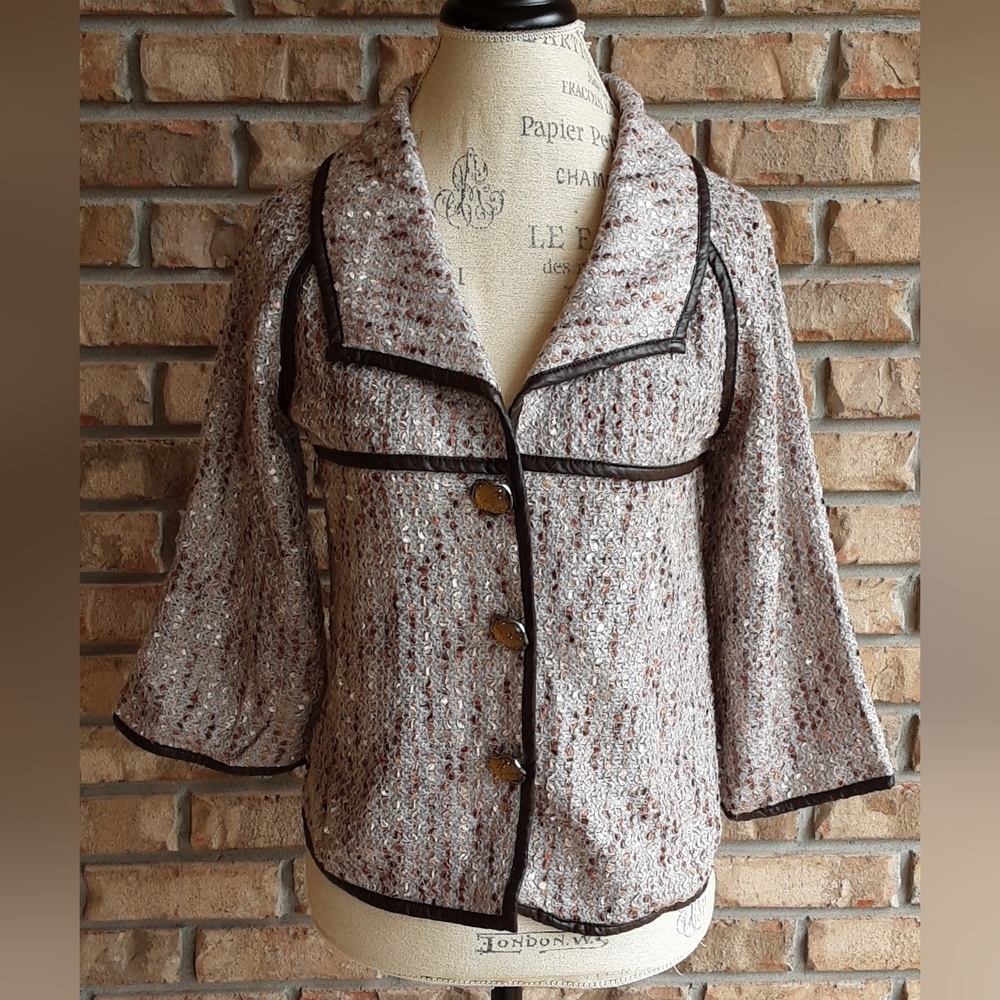 Nicole Sabbattini Textured Knit with Brown Accents Faux Leather Trim.